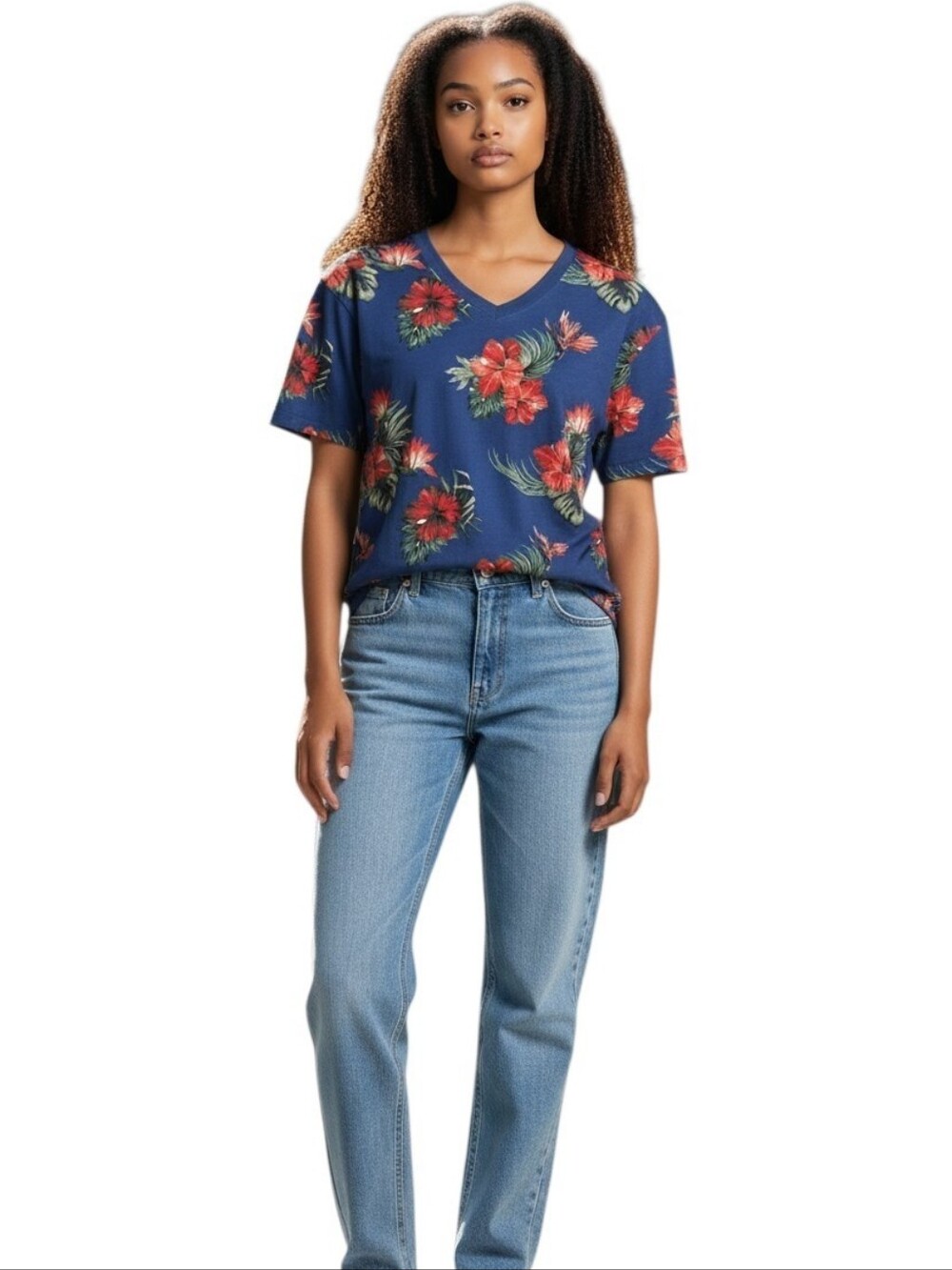 Guess Navy V-Neck Tee with Red Hibiscus Print SZ L